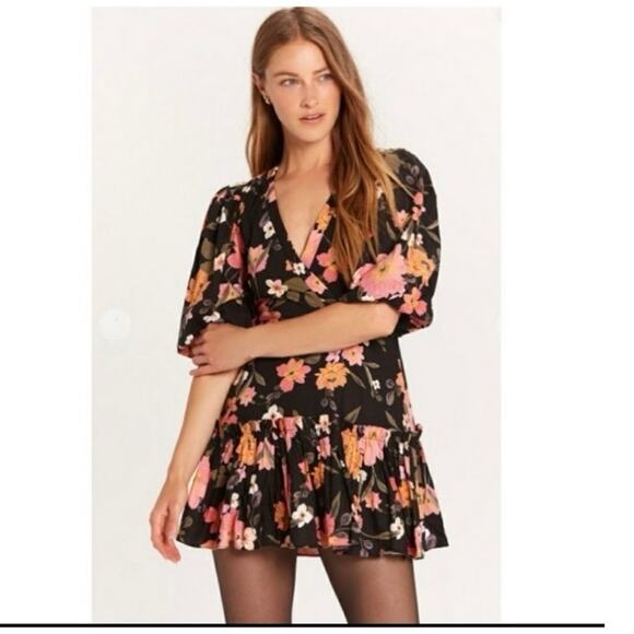 Olivaceous Floral Linen Mini Dress with Ruffle size Medium - Picture 1 of 11